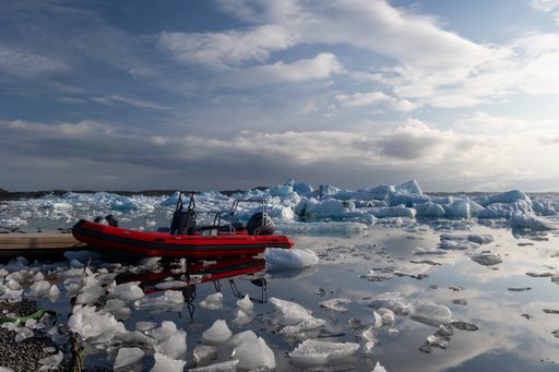 A zodiac boat in the Jokulsarlon Glacier Lagoon Boat Tours and Cafe, Iceland