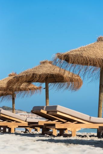 A vertical shot of deck chairs and straw umbrellas on the wonderful island of Formentera in Spain