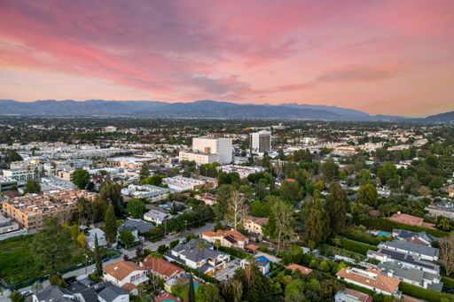 An aerial sunset view of a residential neighborhood in Los Angeles, California.