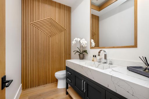 Bathroom sink counter and mirror with toilet in background