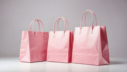 Three empty pastel pink shopping bags on a reflective white surface with soft shadows, suggesting retail and consumerism