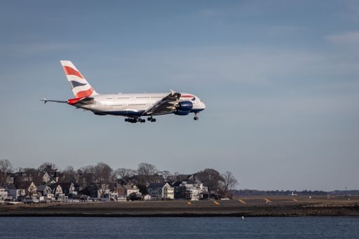 British Airways A380 aircraft lands in Boston from London on a clear day