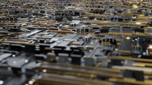 A 3D rendering close up of a motherboard with different types of microchips and different electronic elements