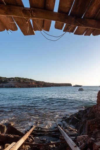 A vertical shot from a fisherman's hut on the beach in Cala Saona in Formentera, Spain
