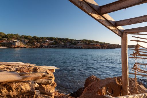 A scenic view from a fisherman's hut on the beach in Cala Saona in Formentera, Spain