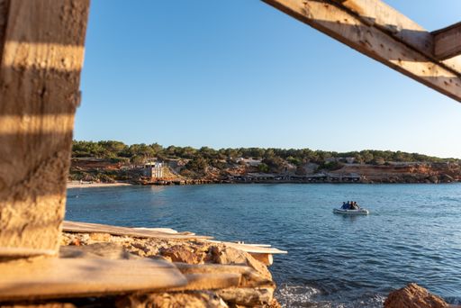 A scenic view from a fisherman's hut on the beach in Cala Saona in Formentera, Spain