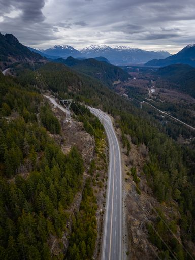 An aerial view of a coastal highway linking Vancouver and Whistler in British Columbia, Canada