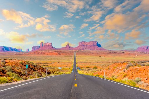 The Monument Valley road at sunset in Utah