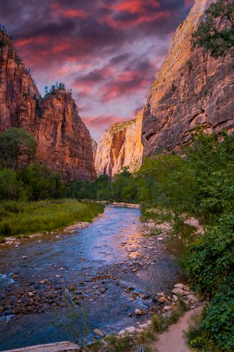 a beautiful view of the Zion national park canyon at sunset in United States