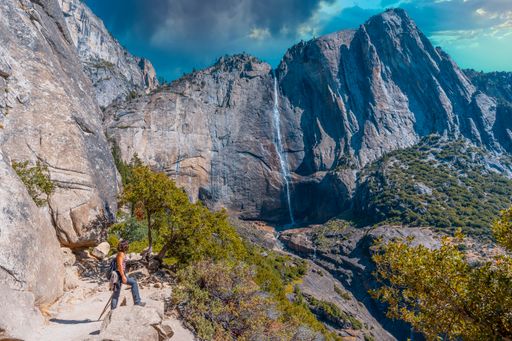 the upper Yosemite Fall and the waterfall seen from below in California United States