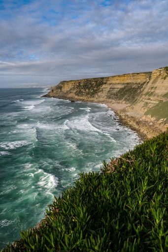 A vertical picture of a cliff covered in greenery surrounded by the sea under a cloudy sky at daytime