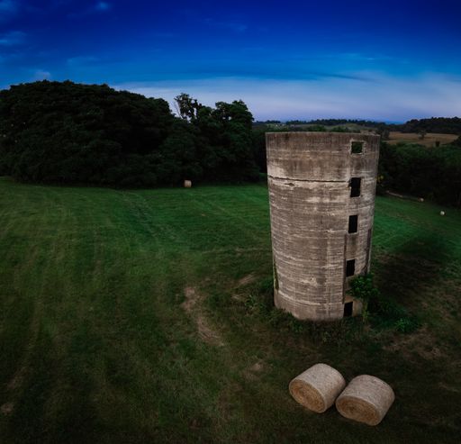 An old round tower deserted in the field near the forest