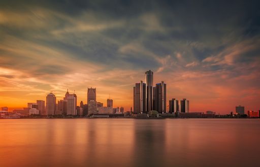 Skyline at sunrise over Lake Michigan in long-exposure shot