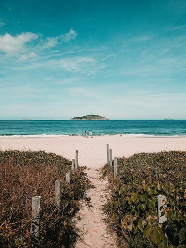 A vertical shot of a beach view and a small island