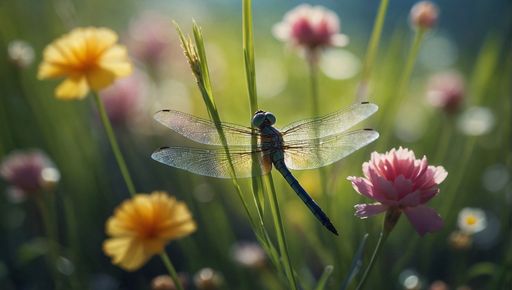 Dragonfly resting on flowers by a field of yellow blooms