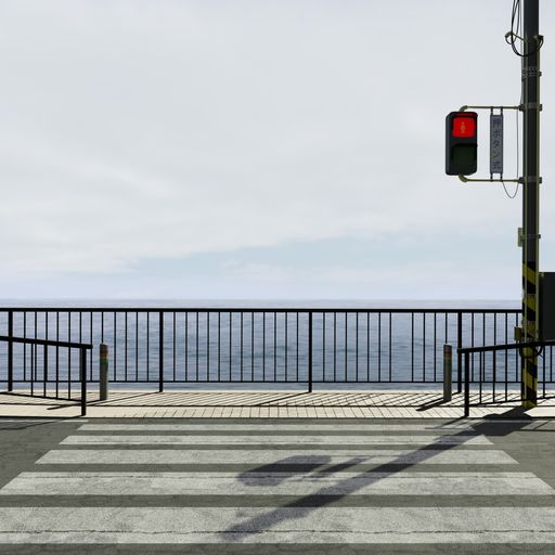 A closeup shot of a crosswalk and traffic light on a lake background