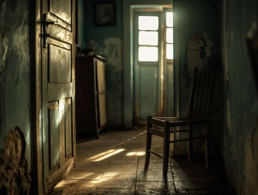 An empty room with a vintage chair on the floor