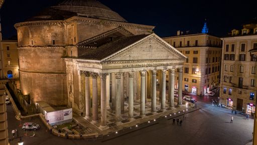 Amazing Aerial View of The Temple of Pantheon in Rome's Historic City Centre at Night
