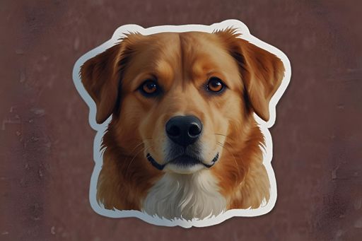 A close-up portrait of a dog's face on a sticker
