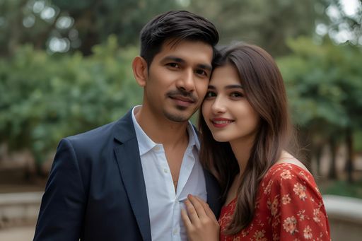 A couple posing outdoors for a photo