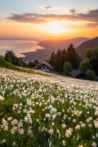 A vertical shot of a house surrounded by a blossomed narcissus field at sunset with Geneva Lake in the background