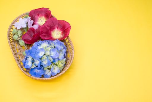 A basket with red malva, blue hydrangea, and other flowers on a yellow surface
