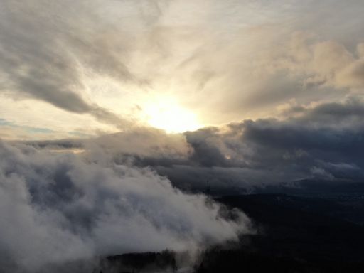 It shows a cloudy sunset over a dark forest, with beautiful rays of sunlight shining through the clouds.