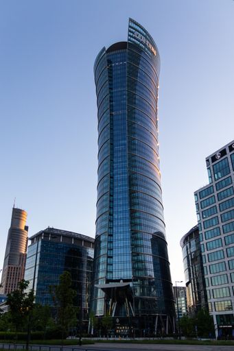 Warsaw, Poland - 6 June 2021: Office building Warsaw Spire in the buisness district. One of the tallest buildings in the capital