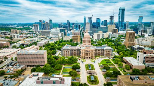 A Bird's eye view of Texas Capitol building in Austin, TX.