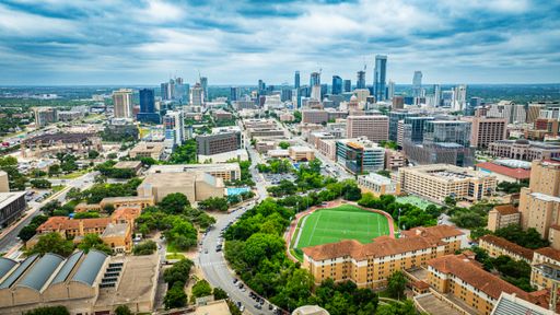 An aerial cityscape view of downtown Austin, Texas.