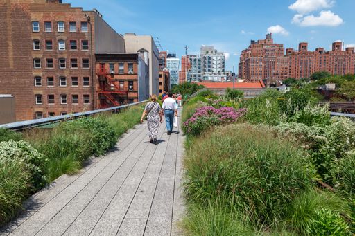 Tourists enjoying the elevated linear High Line park in New York City with blooming flowers in Summer