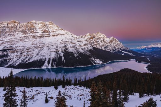 A winter sunrise at Peyto Lake in Banff National Park, Canada