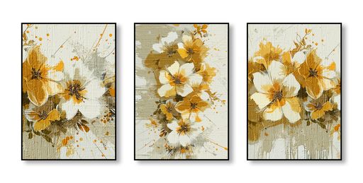 Abstract watercolor fashion art painting, color combination, leaves, triptych, golden elements paint, plants, feathers