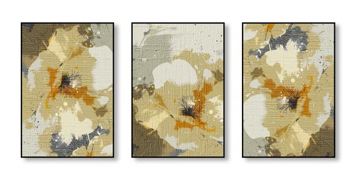 Abstract watercolor fashion art painting, color combination, leaves, triptych, golden elements paint, plants, feathers