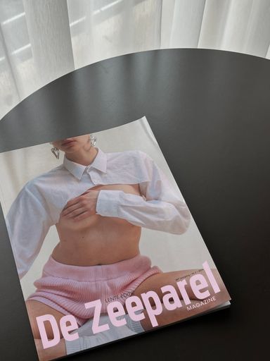 A sensual magazine cover for "De Zeepanel" displayed on a table