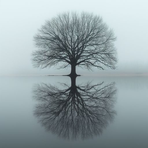 A solitary tree reflecting on a mist-covered lake