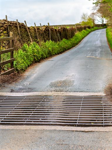 metal cattle grid across the road with lane into the distance