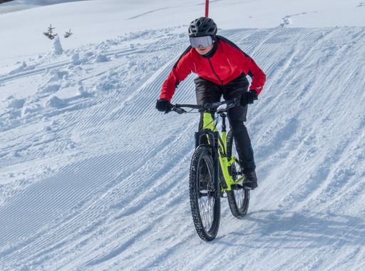 A person in a bike race in the snowy Postalm winter park, in Austria