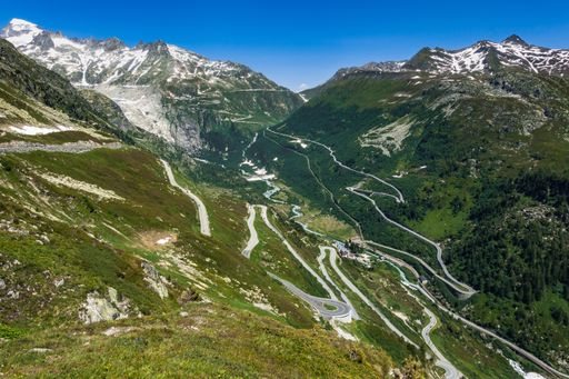 An alpine landscape of Upper Valais with roads to Grimsel Pass and  Furka Pass, Switzerland