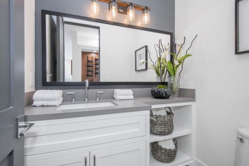 A modern white bathroom in a modern new construction home in Los Angeles