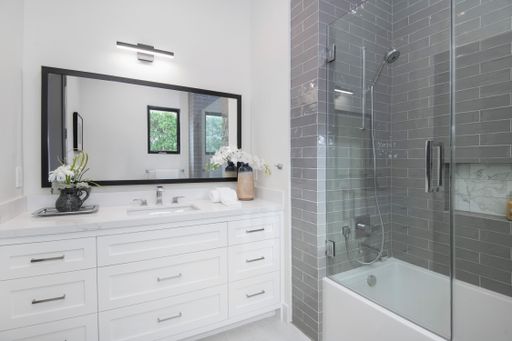 A bathroom in a modern new construction home in Los Angeles