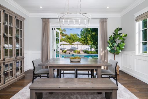 A modern dining table in a newly constructed home in Encino, California