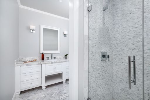 A spacious bathroom in a new construction home in Encino, California