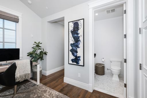 A spacious bathroom in a new construction home in Encino, California