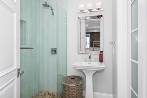 A spacious bathroom in a new construction home in Encino, California