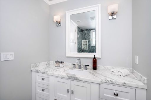 A spacious bathroom in a new construction home in Encino, California