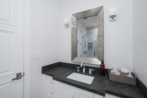 A spacious bathroom in a new construction home in Encino, California
