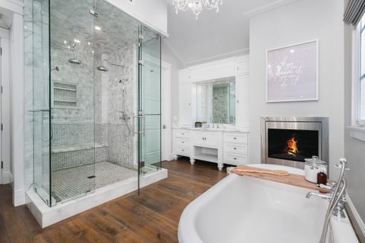 A spacious bathroom in a new construction home in Encino, California
