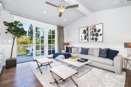 A cozy living room with sofas in a new construction home in Encino, California