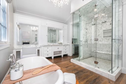 A spacious bathroom in a new construction home in Encino, California